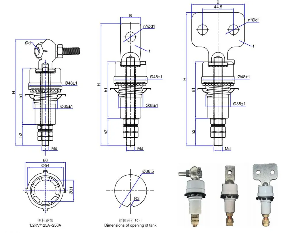ANSI 1.2kV 125A–250A Transformer Bushings – Mechanical dimensions drawing