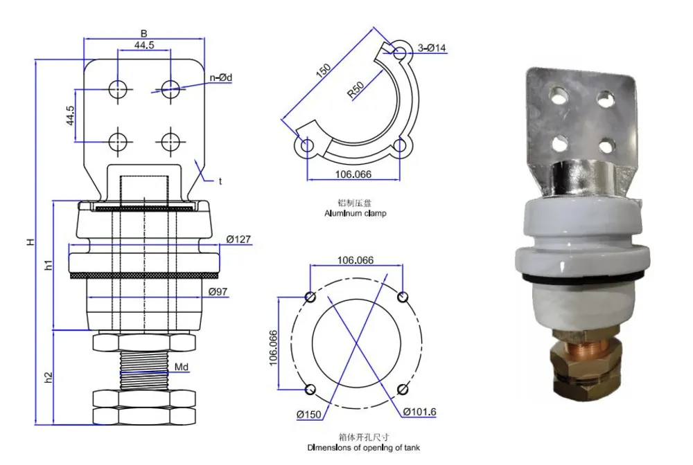 ANSI 1.2kV 1400A–3150A High-Current Transformer Bushings – Mechanical dimensions drawing