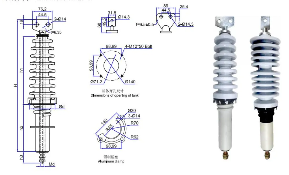 ANSI 15–34kV 125A–417A 2-Hole Terminal Pad Transformer Bushings – Mechanical dimensions drawing