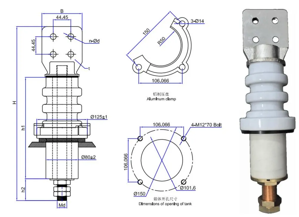 ANSI 5kV 630A–4000A Transformer Bushings – Mechanical dimensions drawing